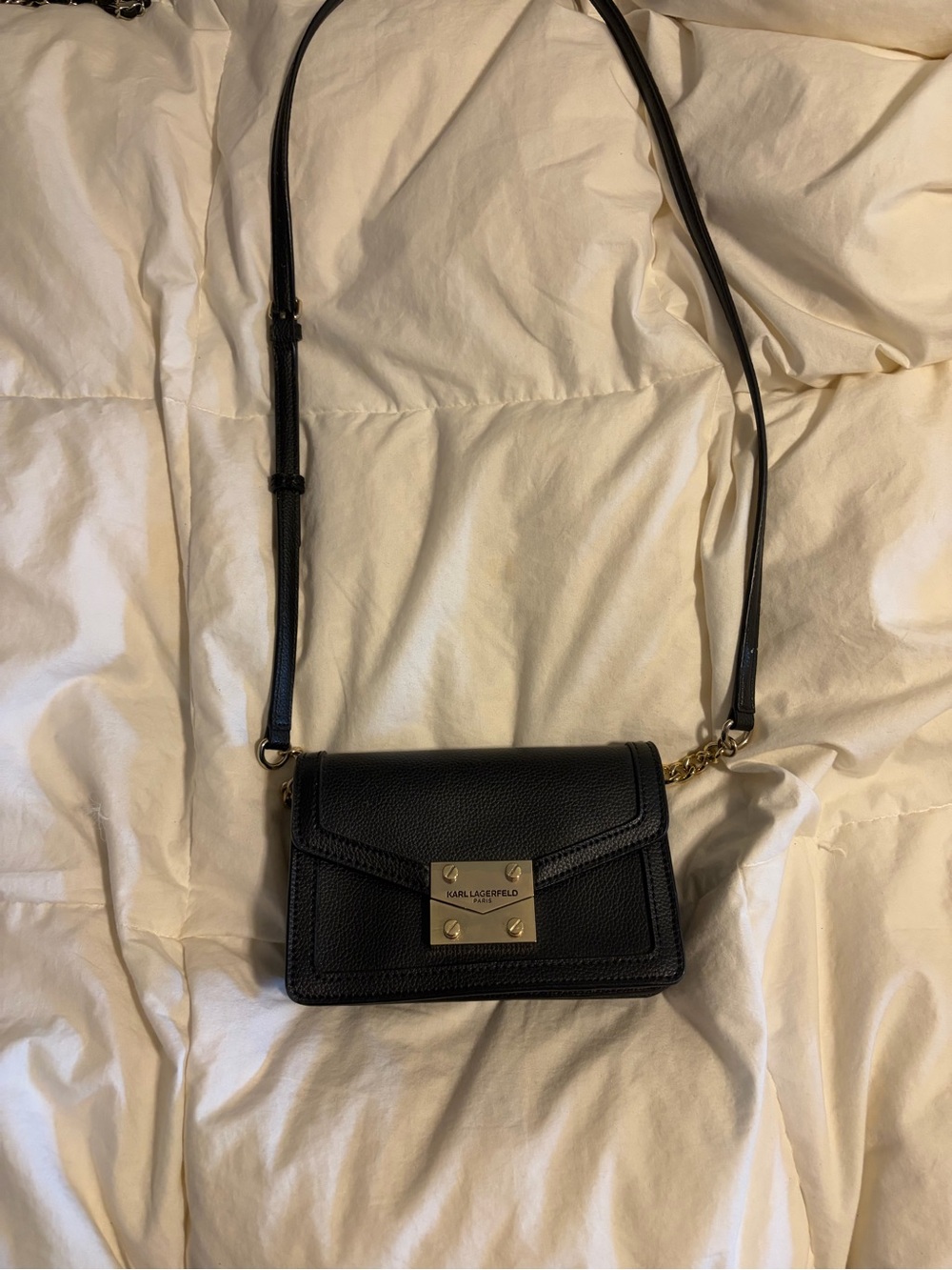 Karl Lagerfeld Black Leather Mini Crossbody with Gold Plate